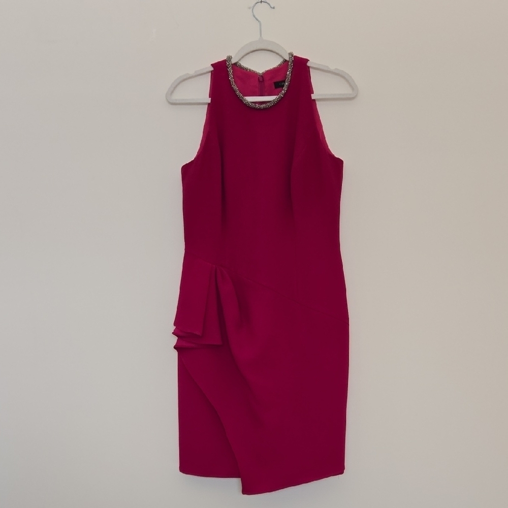 Carmen Marc Valvo Vibrant Magenta Pink Cocktail Dress Designer Beaded Neckline 8